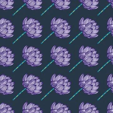 Japan nature flora seamless pattern with purple contoured lotus flowers shape Stock Illustration