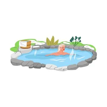 Japan onsen hot spring bath, woman at japanese spa Stock Illustration