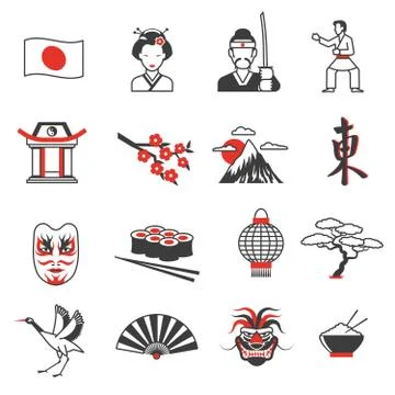 Japan Red Black Icons Set Stock Illustration