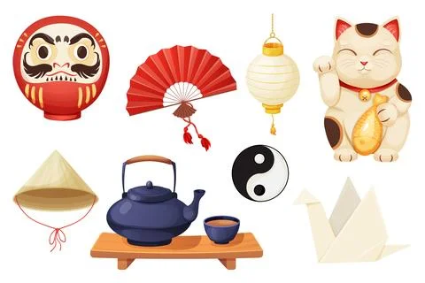 Japan set with traditional elements fun, maneki neko cat, origami crane, teapot Stock Illustration