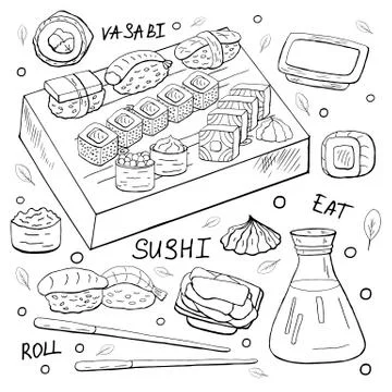Japan sushi elements outline on white background. Vector sushi collection bla Stock Illustration