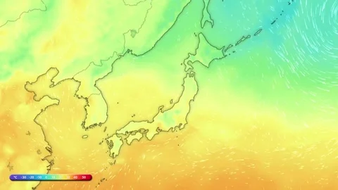Japan Temperature Map with Wind Patterns in East Asia Stock Footage 338032512
