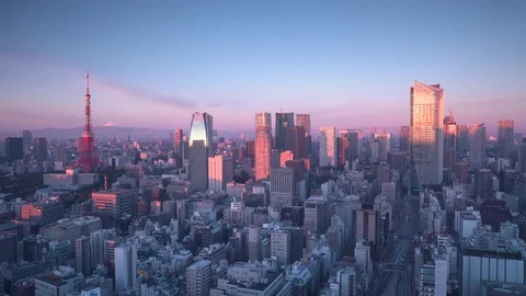 Japan, Tokyo, city skyline with Tokyo Tower and Mount Fuji beyond Stock Footage