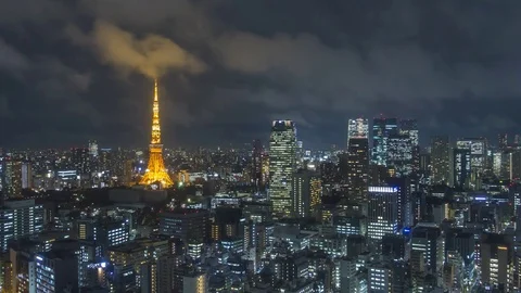 Japan, Tokyo, elevated time lapse night view of the city skyline and iconic Stock Footage