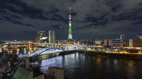 Japan, Tokyo, time lapse of the city skyline and Skytree on the Sumida River Stock Footage