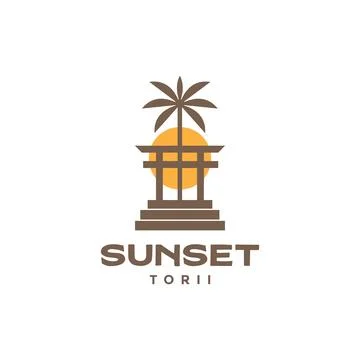Japan torii gate coconut tree sunset relax culture logo design vector icon .. Stock-Illustration