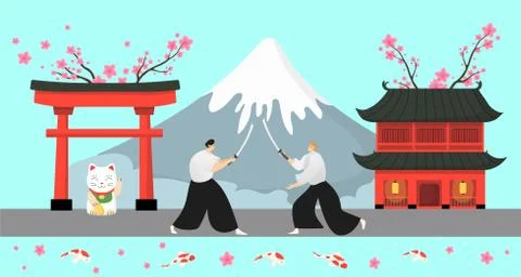 Japan traditional elements, samurai vector illustration. Asian country landscape Stock Illustration