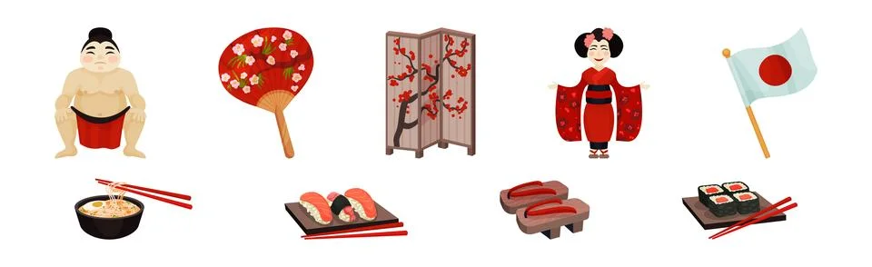 Japan Travel Symbols with Geisha, Folding Screens, Sumo Wrestler, Fan, Sashimi Stock Illustration
