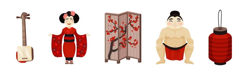 Japan Travel Symbols with Shamisen, Geisha, Folding Screens, Sumo Wrestler and Stock Illustration