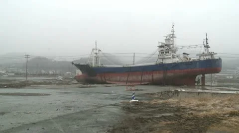 Japan Tsunami 1 Year On - Large Ship In Remains Of Kesennuma Stock Footage