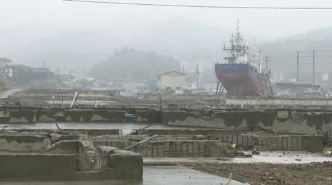Japan Tsunami 1 Year On - Large Ship In Remains Of Kesennuma Stock Footage