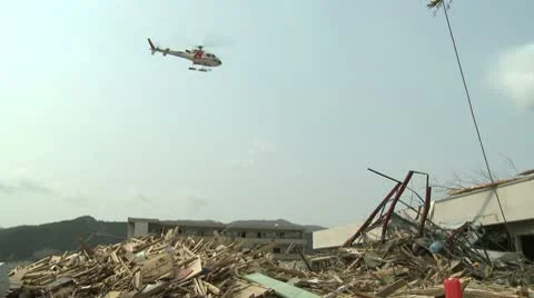 Japan Tsunami Aftermath - Helicopter Flies Over Damaged Hospital Stock Footage