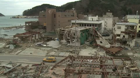 Japan Tsunami Aftermath - Onagawa City Lies In Ruins Stock Footage