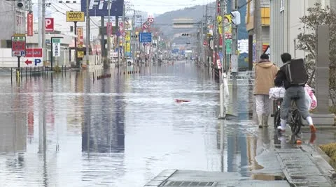 Japan Tsunami Aftermath - Tidal Flooding In Downtown Ishinomaki City Stock Footage