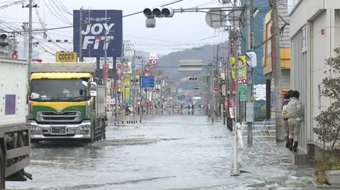 Japan Tsunami Aftermath - Tidal Flooding In Downtown Ishinomaki City Stock Footage