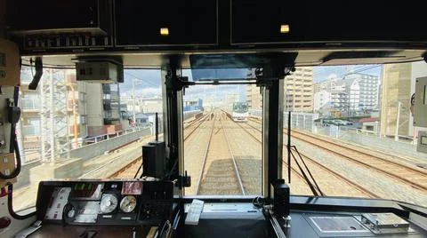 Japan view through train drivers window Foto stock