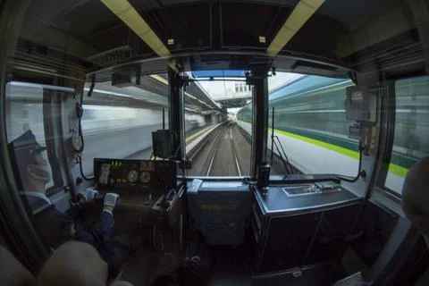 Japan view through train drivers window Foto stock