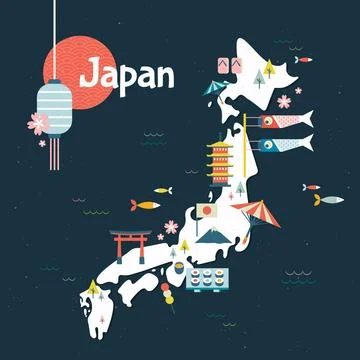 Japan vintage geometric map with elements 스톡 일러스트