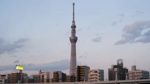 Japan,asakusa, tokyo sky tree sunset. the tallest structure in japan. Stock Footage
