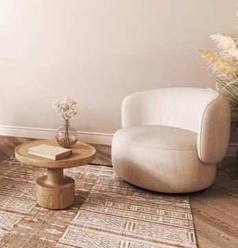 Japandi boho beige interior with armchair background. Light modern australian Stock Illustration