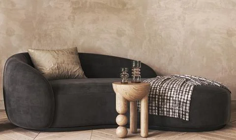Japandi boho beige interior with black sofa and stucco background. Light modern Illustrazione stock