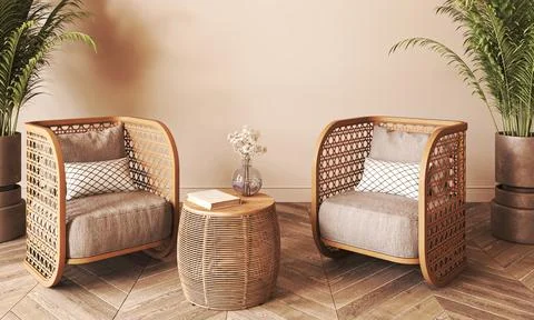 Japandi boho beige interior with green palm plants and armchair background Stock Illustration