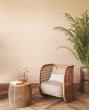 Japandi boho beige interior with green palm plants and armchair background Stock-Illustration