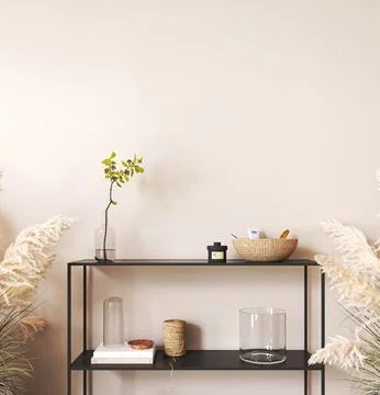 Japandi boho beige interior hallway with black console and green plant Stock Illustration