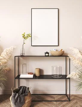 Japandi boho beige interior hallway with black console and green plant Stock Illustration
