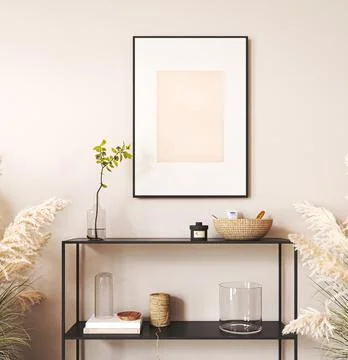 Japandi boho beige interior hallway with black console and green plant Stock-Illustration