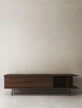 Japandi boho beige interior hallway with dark brown console background. Light 스톡 일러스트