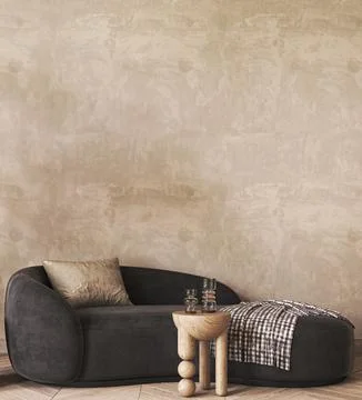 Japandi boho beige interior with lounge sofa and table background. Light modern Stockillustratie