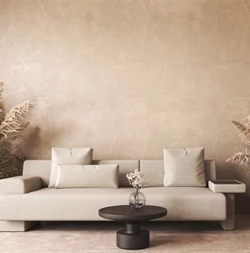 Japandi boho beige interior with lounge sofa and dry plant background. Light Stock Illustration