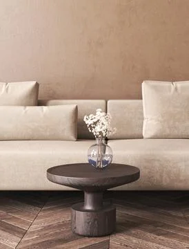 Japandi boho beige interior with lounge sofa and dry flower in vase background Illustration