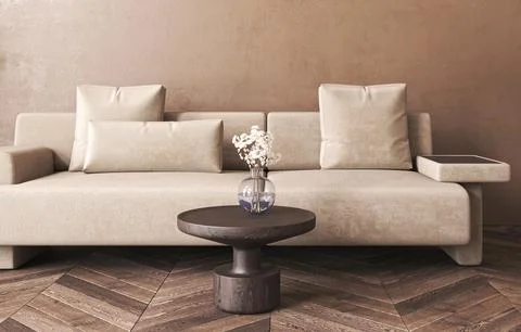 Japandi boho beige interior with lounge sofa and dry plant background. Light Stock Illustration