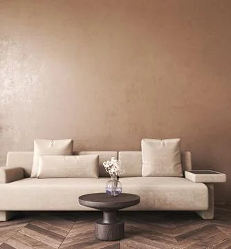 Japandi boho beige interior with lounge sofa and dry plant background. Light Stock-Illustration