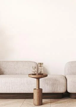 Japandi boho beige interior with sofa and table with vase background. Light Stockillustratie