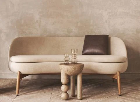 Japandi boho beige interior with sofa and stucco background. Light modern Stock Illustration