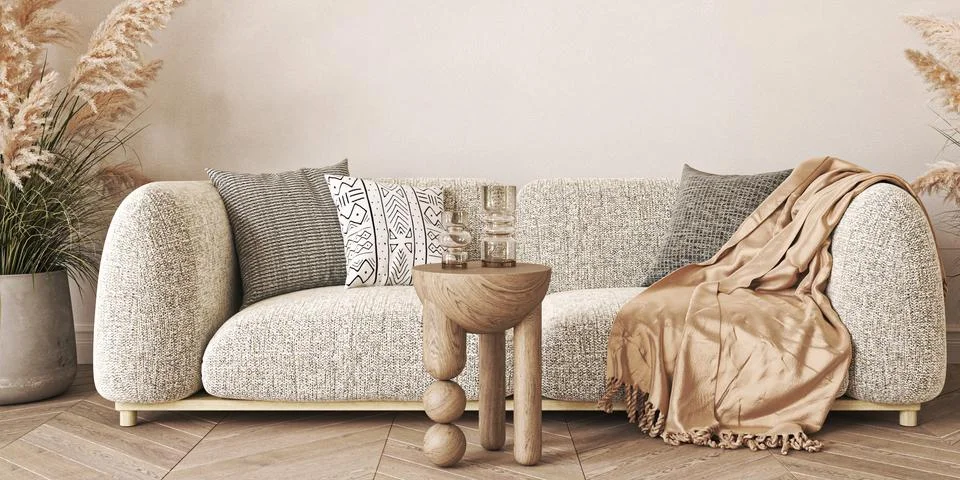 Japandi boho beige interior with sofa and dry plant background. Light modern Illustrazione stock