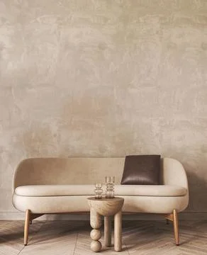 Japandi boho beige interior with sofa and stucco background. Light modern Illustrazione stock