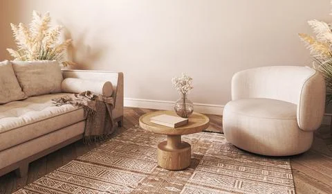 Japandi boho beige interior with sofa and armchair background. Light modern 스톡 일러스트