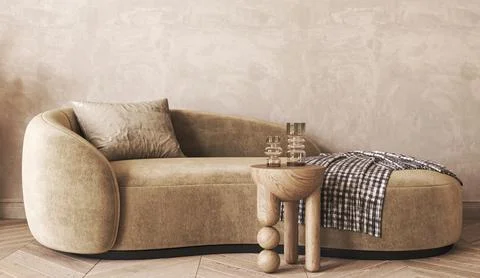 Japandi boho beige interior with sofa and stucco background. Light modern Stock-Illustration