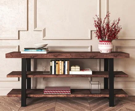 Japandi boho classic beige interior hallway with wooden console and red plant Stock-Illustration