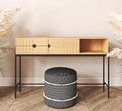 Japandi boho classic beige interior hallway with wooden console and dry palm Illustrazione stock
