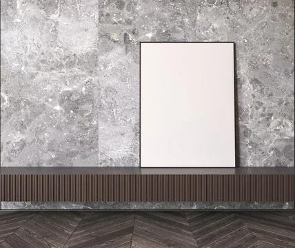 Japandi boho grey stone interior hallway with dark wooden commode and one Stock-Illustration