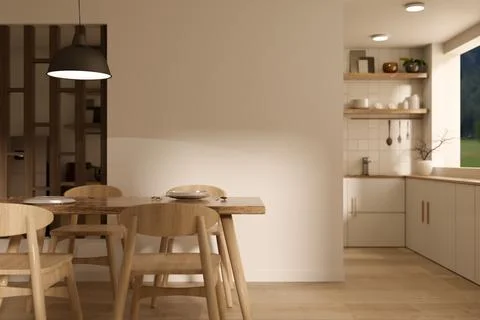 Japandi dining room and open kitchen interior Stock Illustration