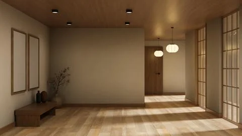 Japandi Hallway Interior with Blank Frames Mockup Wooden Bench and Lantern .. Stock Illustration