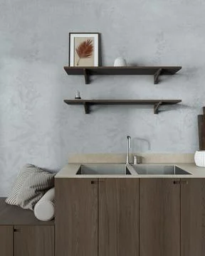 Japandi kitchen close up in white and dark tones. Wallpaper, wooden cabinets, Stock Illustration