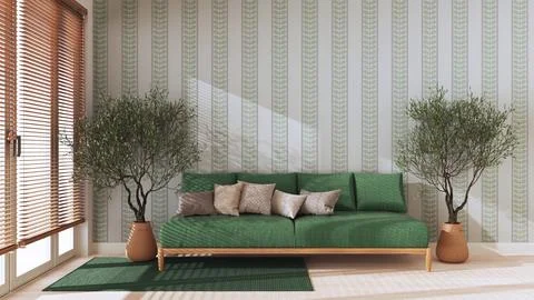 Japandi living room with copy space in green tones. Fabric sofa with pillows, Stock Illustration
