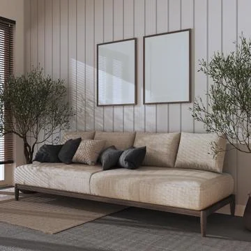 Japandi living room with frame mockup in dark tones. Fabric sofa with pillows Stock Illustration